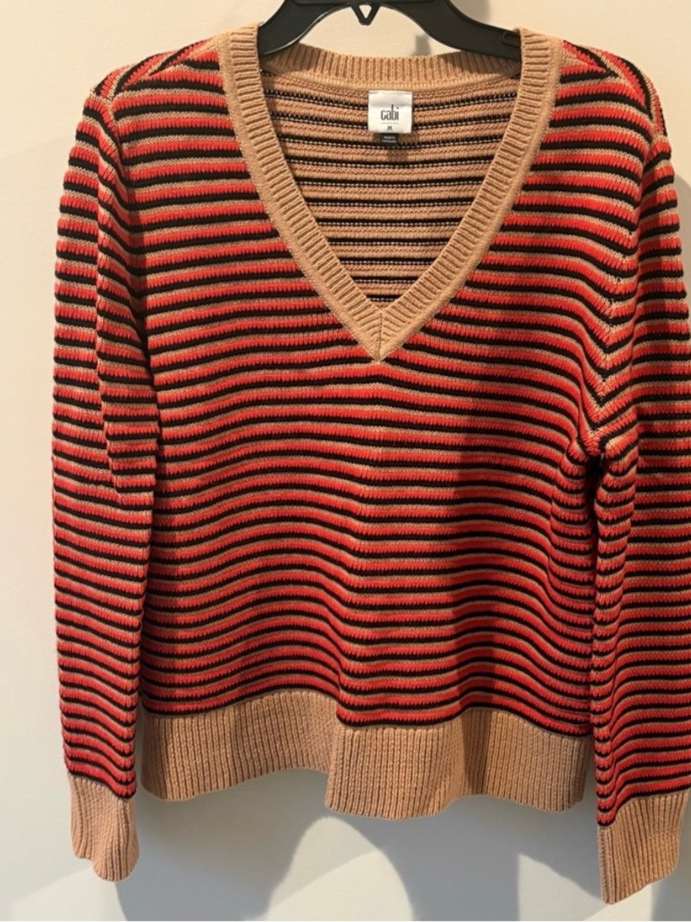 CAbi Striped V-Neck Sweater in Red and Tan